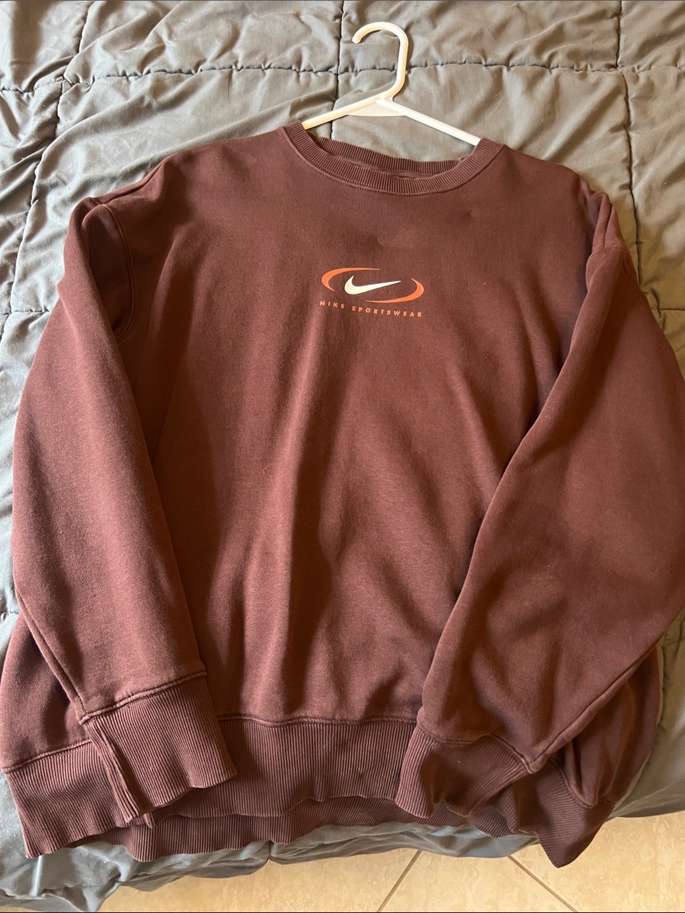Nike Men's Deep Maroon Crewneck Sweatshirt with Orange Logo